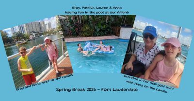 Family Vacation in Fort Lauderdale Florida. Grandkids in the pool with parents, Grandkids next to a railing by the canal and Grandma and granddaughter on boat on the canal.