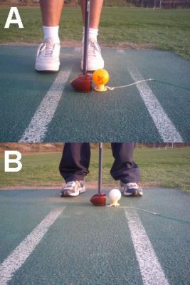 A: Ashi-donari stance, slightly behind the ball, used for getting loft on delicate chip shots. B: Kata-haba stance used for stability during long drives.