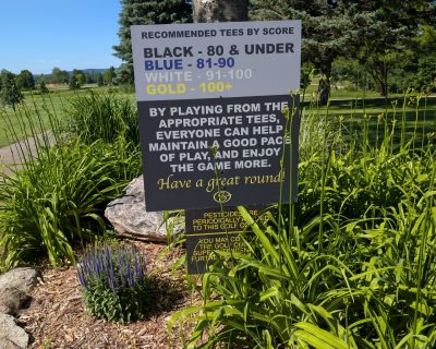 Sign at Elmbrook Golf Course explain which color tee you should hit at depending on what your typical score is. 80 & under - Black Tee. 81 to 90 - Blue Tee. 91 to 100 - White and over 100 - Gold Tee.