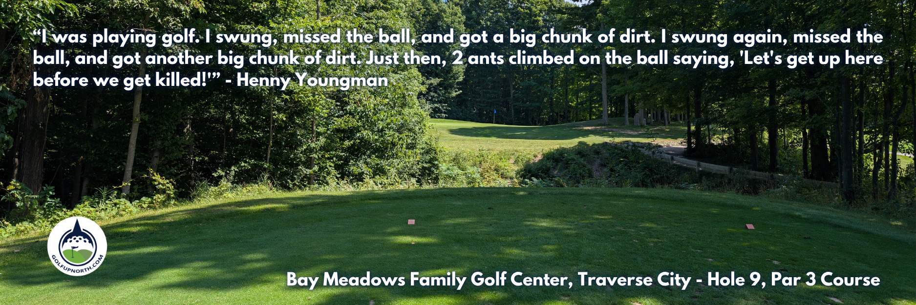 "I was playing golf. I swung, missed the ball, and got a big chunk of dirt. I swung again, missed the ball, and got another big chunk of dirt. Just then, 2 ants climbed on the ball saying, 'Let's get up here before we get killed!'"
Henny Youngman
